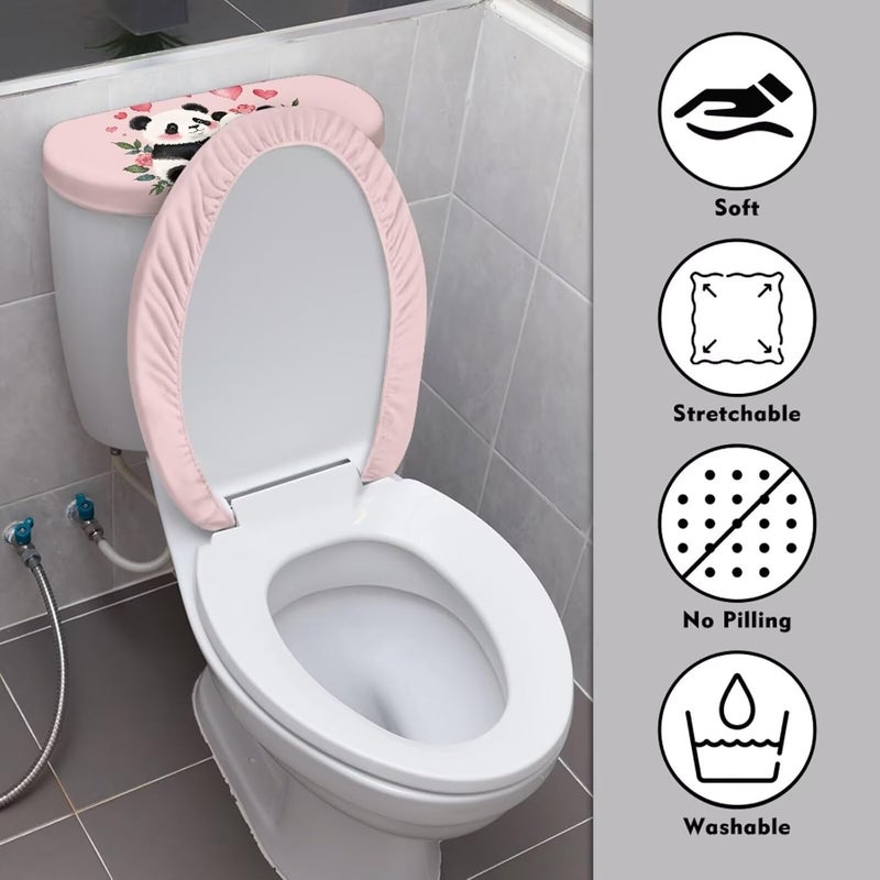 CREAMIC Panda Rose Heart Toilet Seat Covers for Bathroom Decoration Toilet Bolt Covers Decorative Round Elongated Tank Lid Cover Washable Lid Seat Protector Cover with Elastic Bottom - Image 3